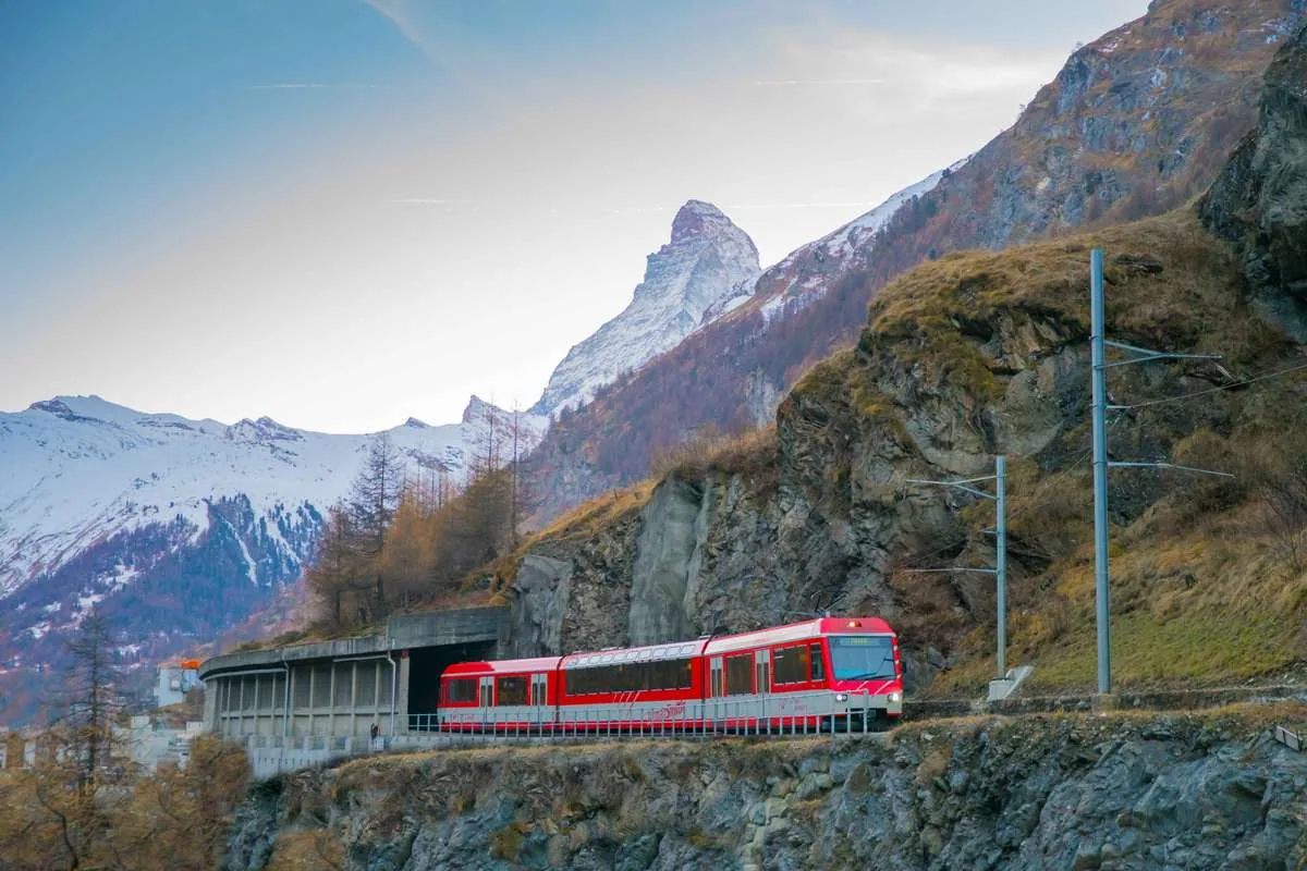 Matterhorn Gotthard Bahn train approaching Zermatt with the Matterhorn in the background