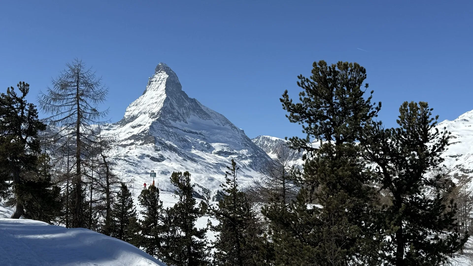 matterhorn1-jasonleftwrightleft — Matterhorn through alpine trees in winter, Zermatt Switzerland