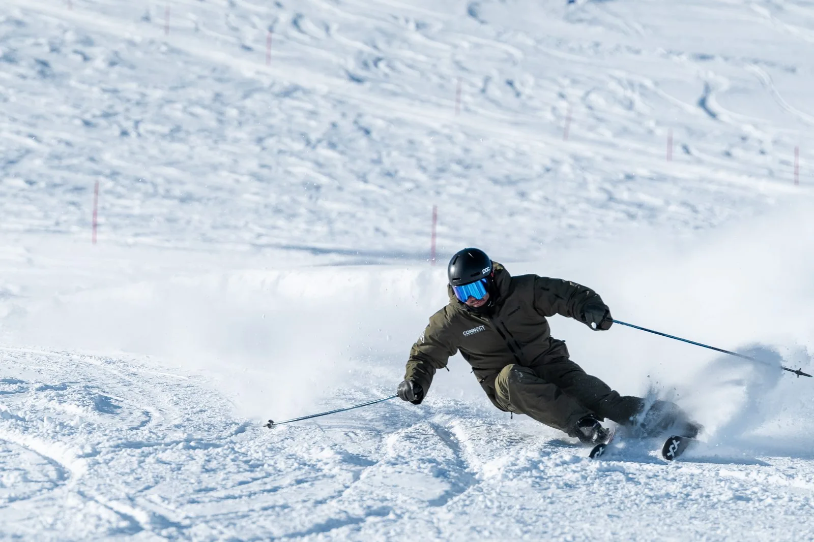 Jason Wright carving on a pristine piste in Zermatt